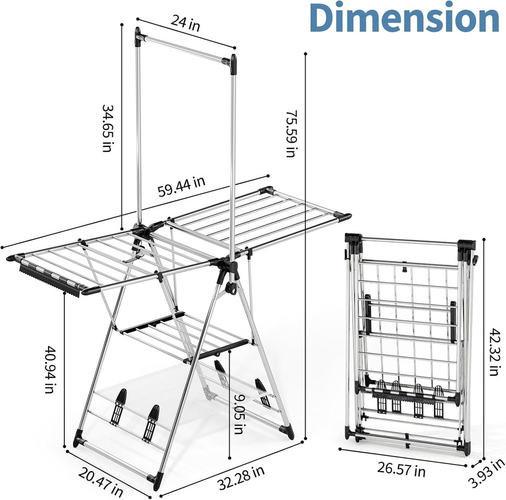 Spacious Foldable Clothes Drying Rack with Adjustable Height Silver - 3 Levels