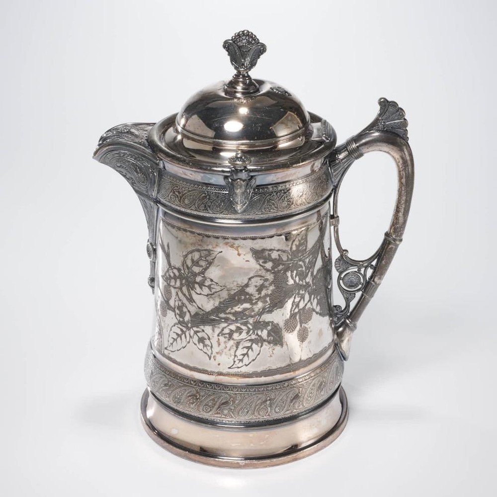 Antique Reed and Barton Large Silver Plated Ceramic Lidded Pitcher Jug 19thC 14"