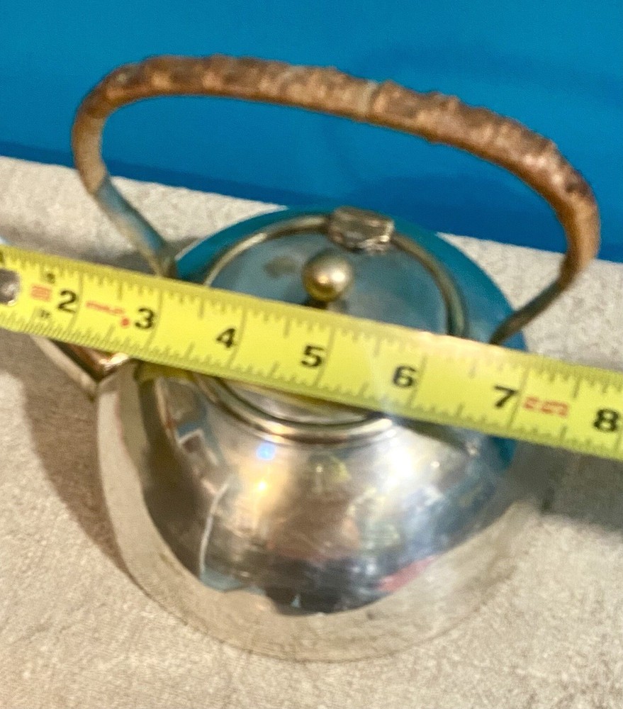 BRITISH Silver/Plated TEAPOT WICKER Handle Latched Lid EUC Modernist