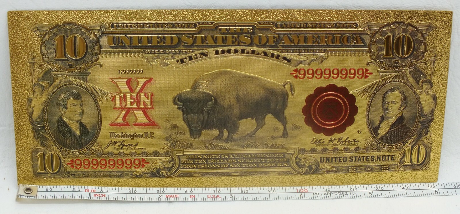 1901 $10 Bison Buffalo Novelty 24K Gold Foil Plated Note Bill 6" Currency GFN20
