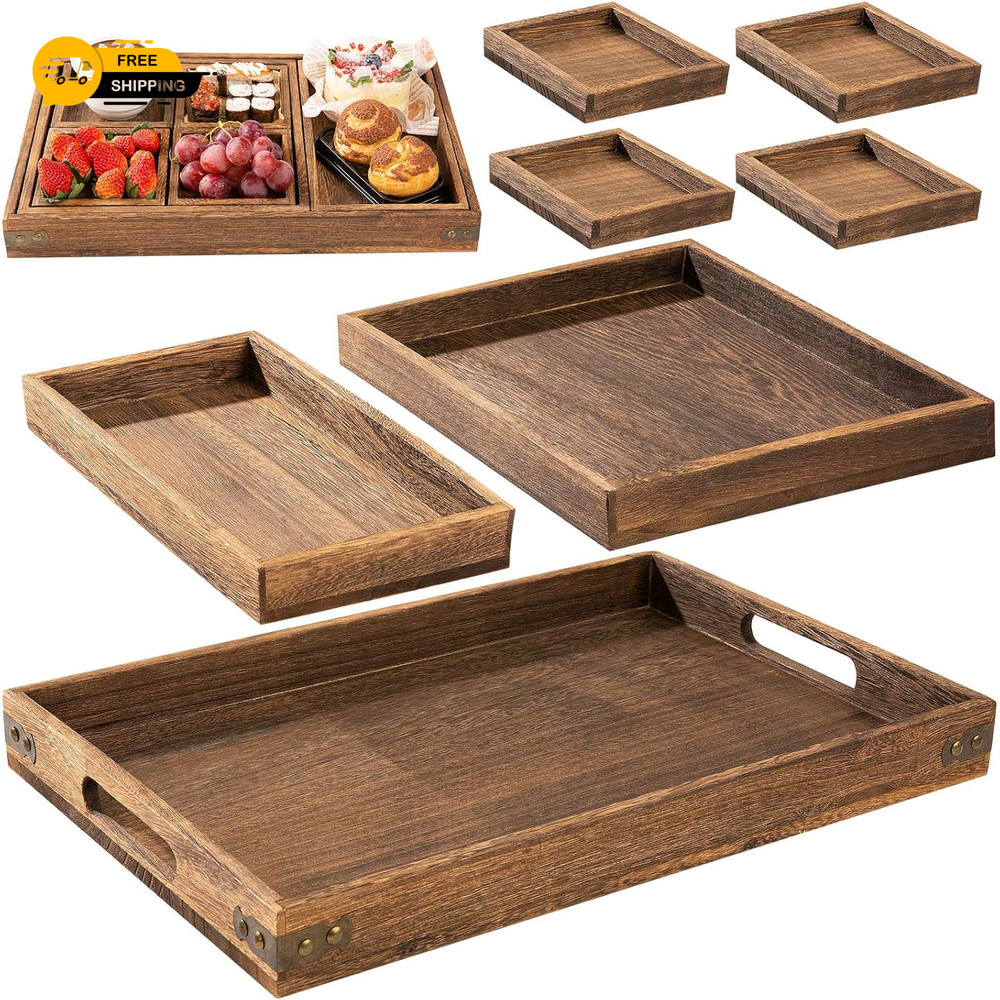 Rustic Wooden Serving Trays with Handle - Set of 7 Rectangular Platters for E...