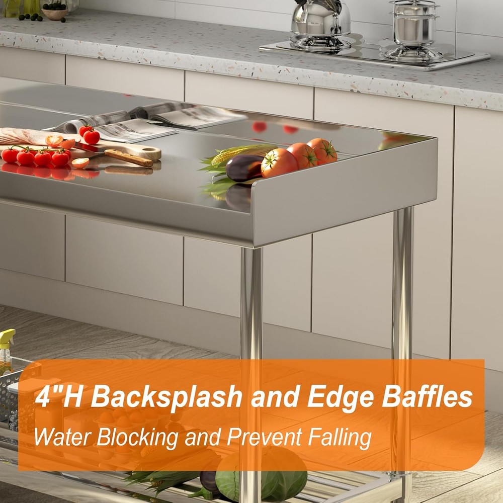 Stainless Steel Work Table 48x24" W/ 3-Side Backsplash NSF Adjustable Undershelf