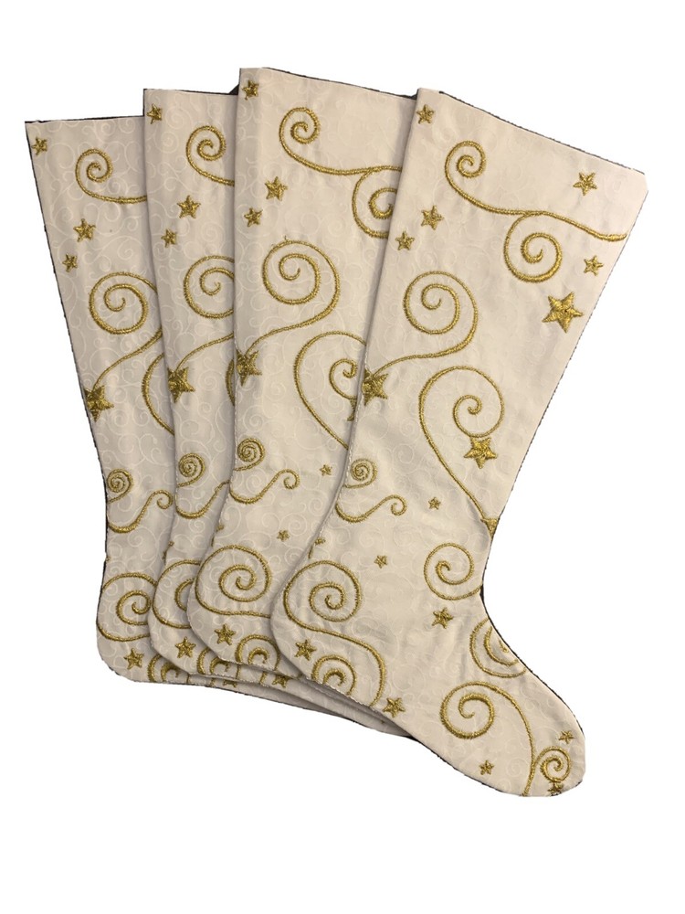 Custom-made Stocking Utensil Holders (4), Scroll White Fabric w/GOLD Embroidery