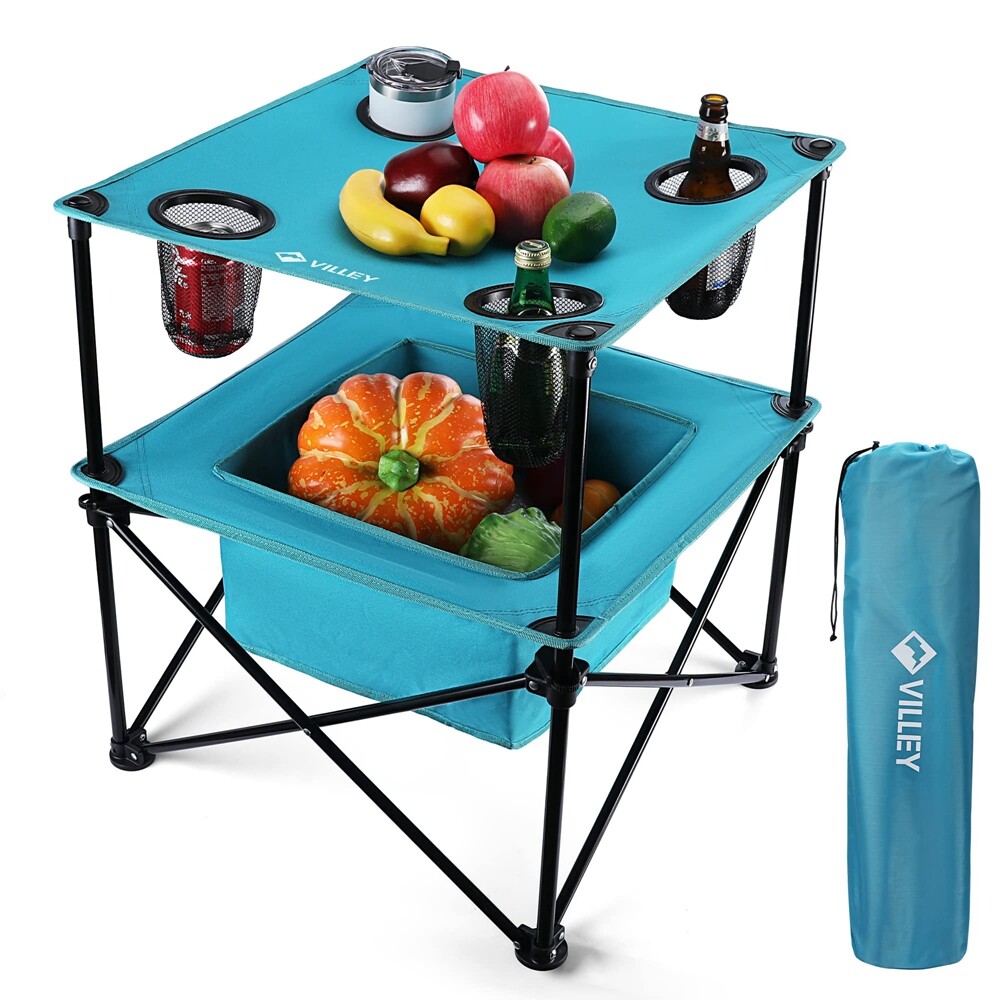 VILLEY Portable Camping Picnic Table Folding Beach Table 4 Cup Holders Carry Bag