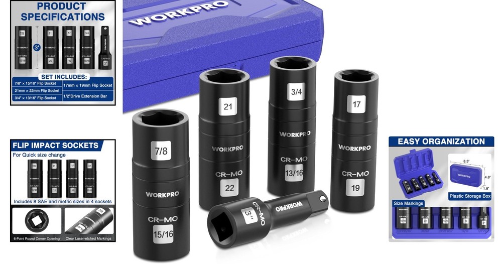 Durable Chrome Molybdenum 5PCS Impact Socket Set with 3" Extension Bar & Case