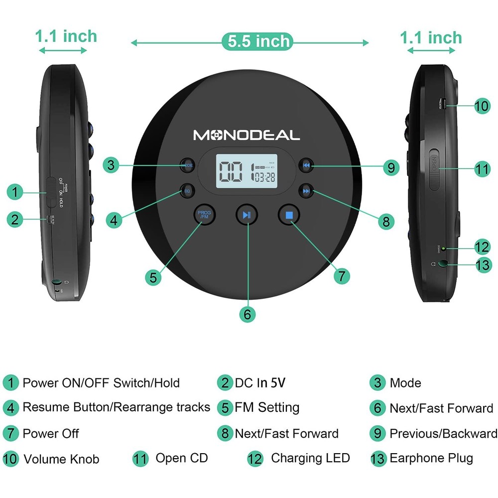 MONODEAL CD Player Portable, Portable CD Player with FM Transmitter, Recharge...