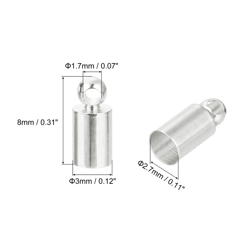 50Pcs Leather Cord End Caps, 3mm OD Column Barrel Terminators, Silver Tone