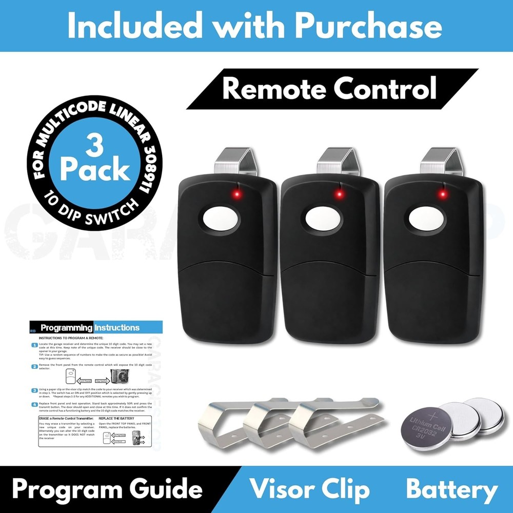 Luxury 300MHz Black Garage Clicker - 3 Linear Multicode Remotes with Visor Clip