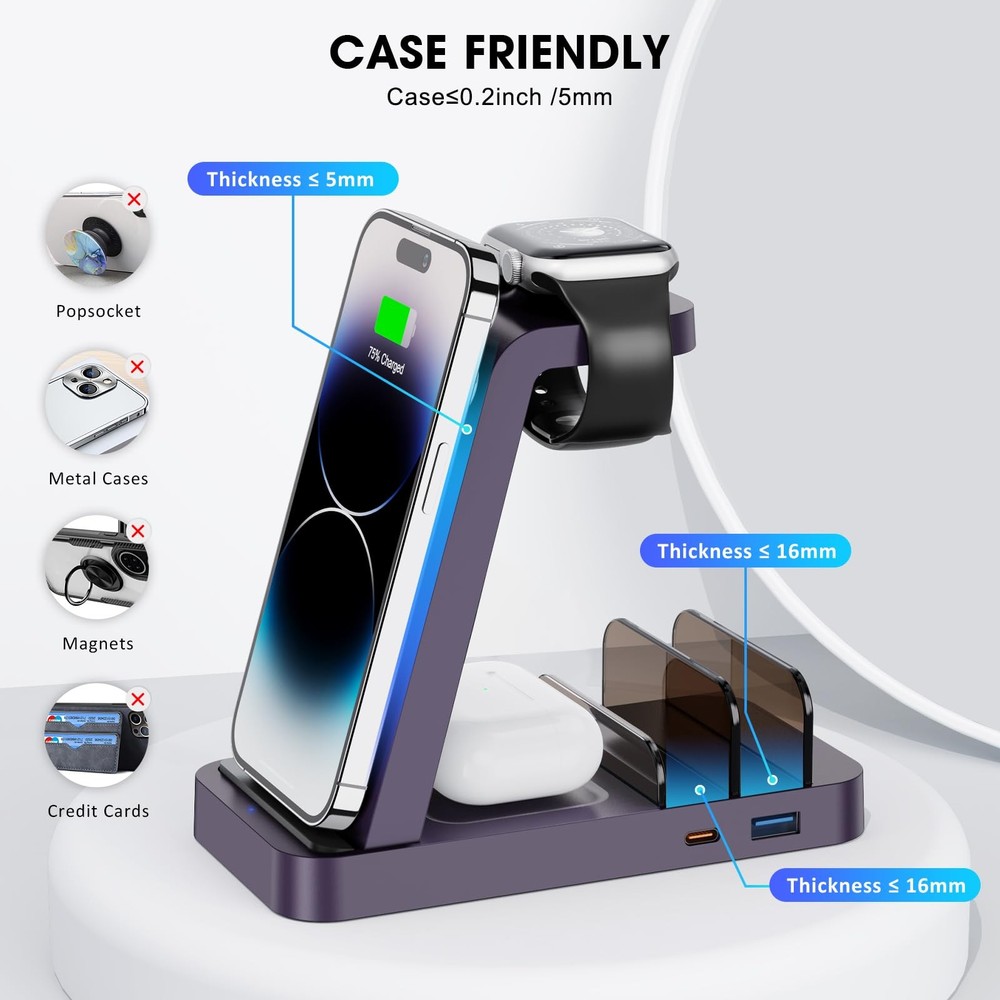 Wireless Charger for iPhone - 5 in 1 Charging Station Multiple Purple
