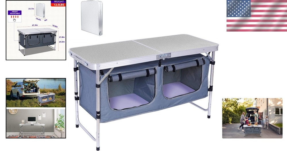 Space-Saving Height Adjustable Table with Storage - Ideal for Indoor/Outdoor