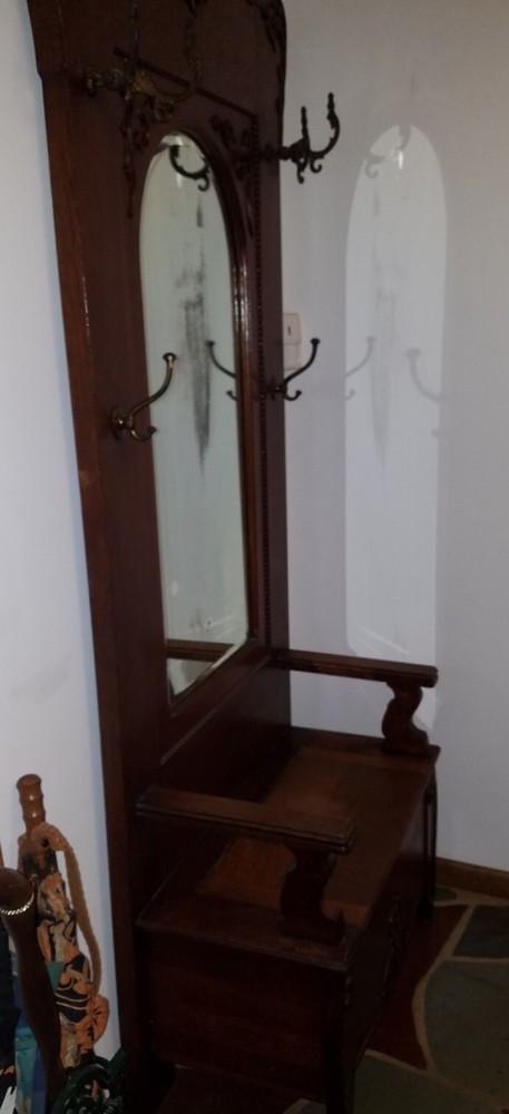 Antique Hall Tree with Hooks and Underseat Storage