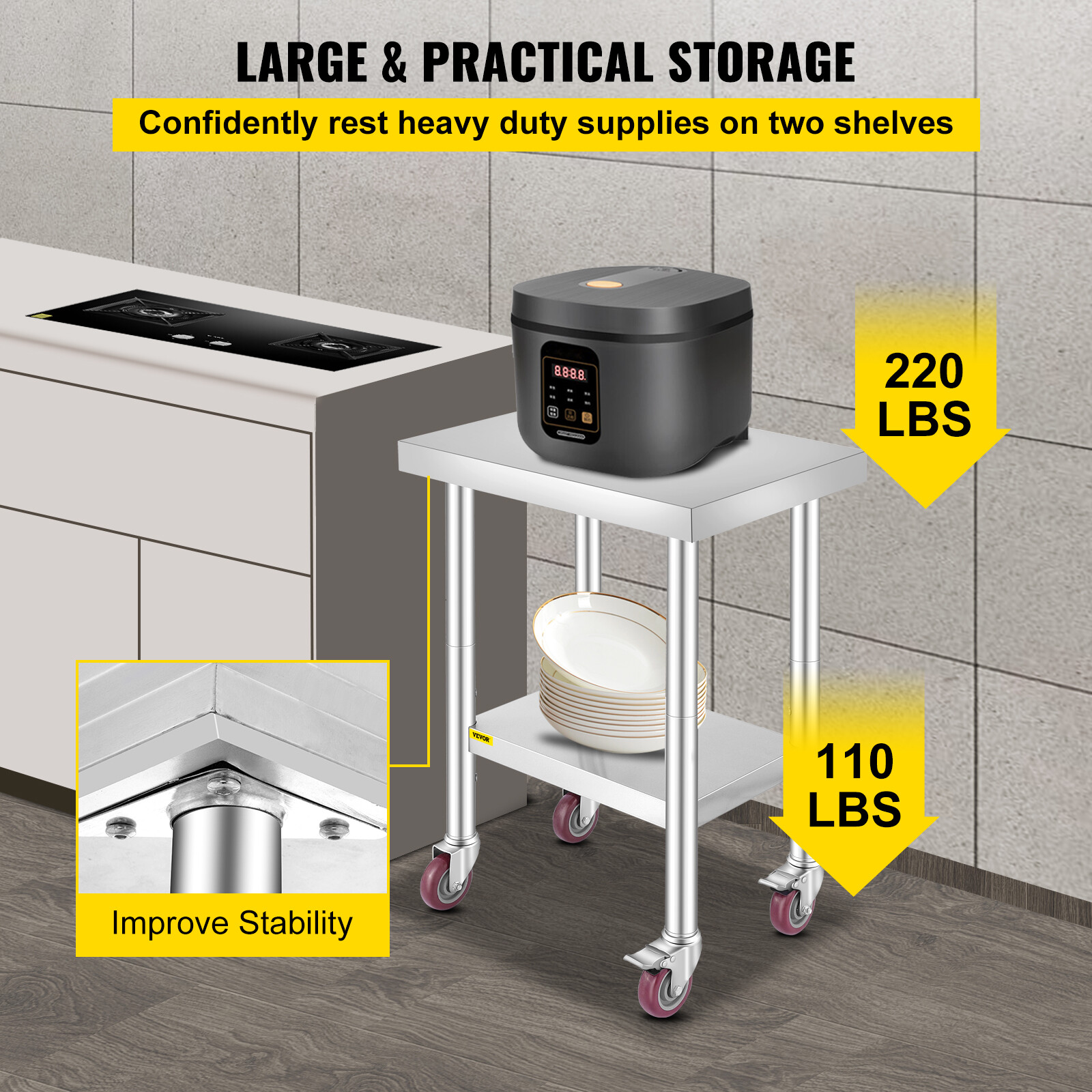 Rolling Stainless Steel Top Kitchen Work Table Cart + Casters Shelving 18"x24"