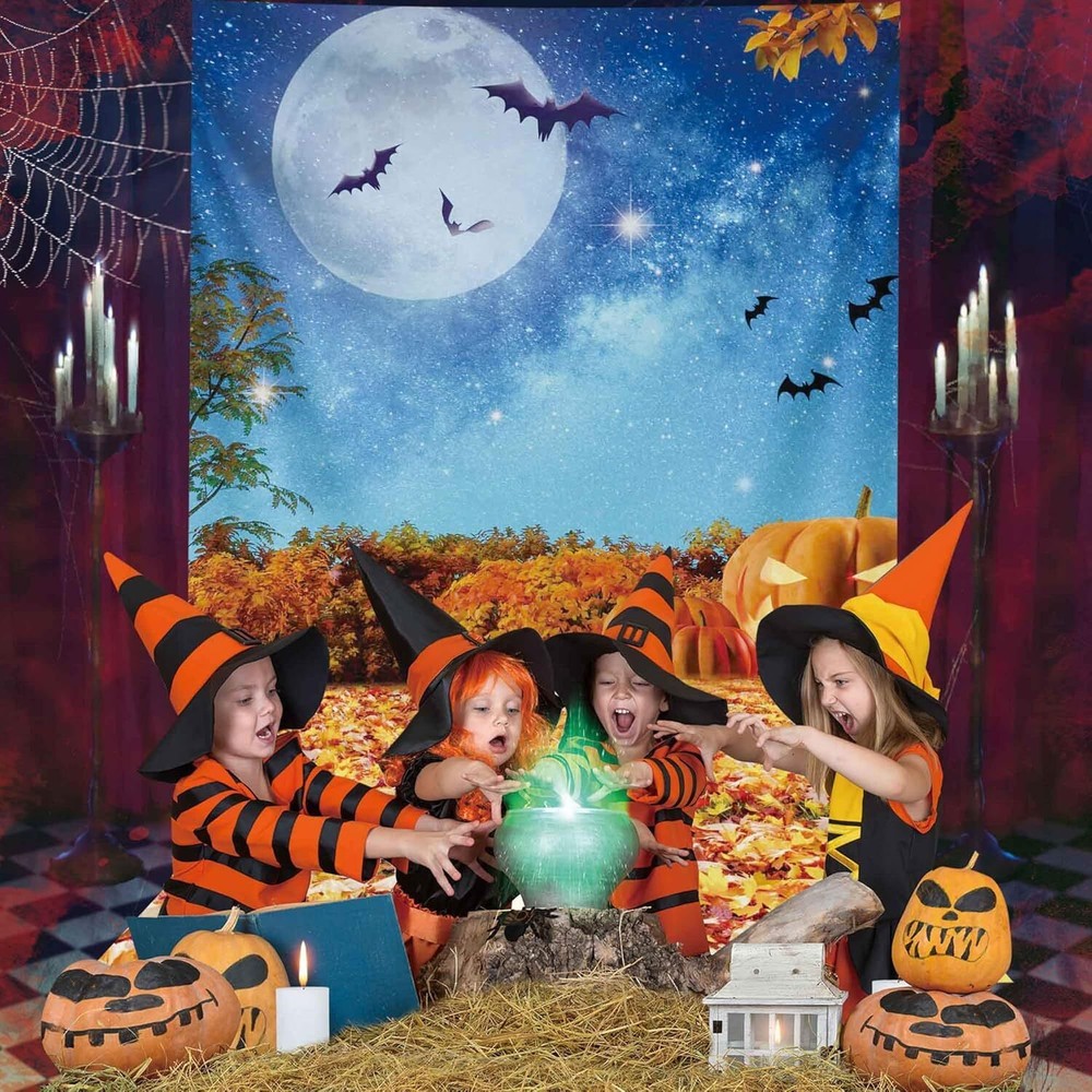 5x7ft Polyester Halloween Backdrop Moonlight Pumpkin Fallen Leaves Photograph...