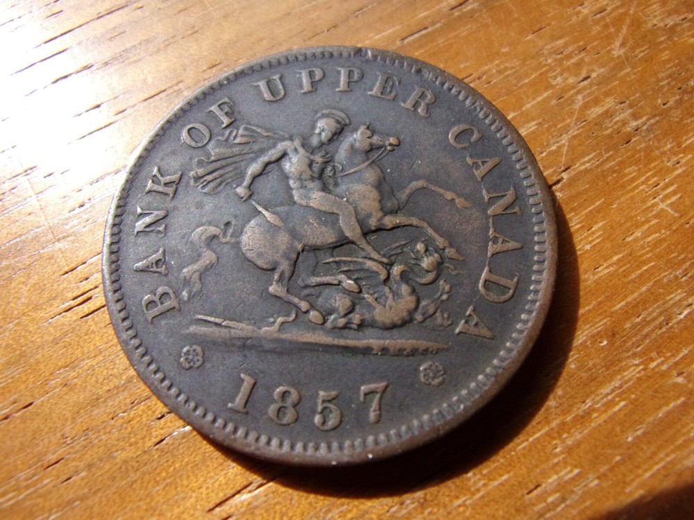 1857 CANADA BANK TOKEN ONE PENNEY NICE