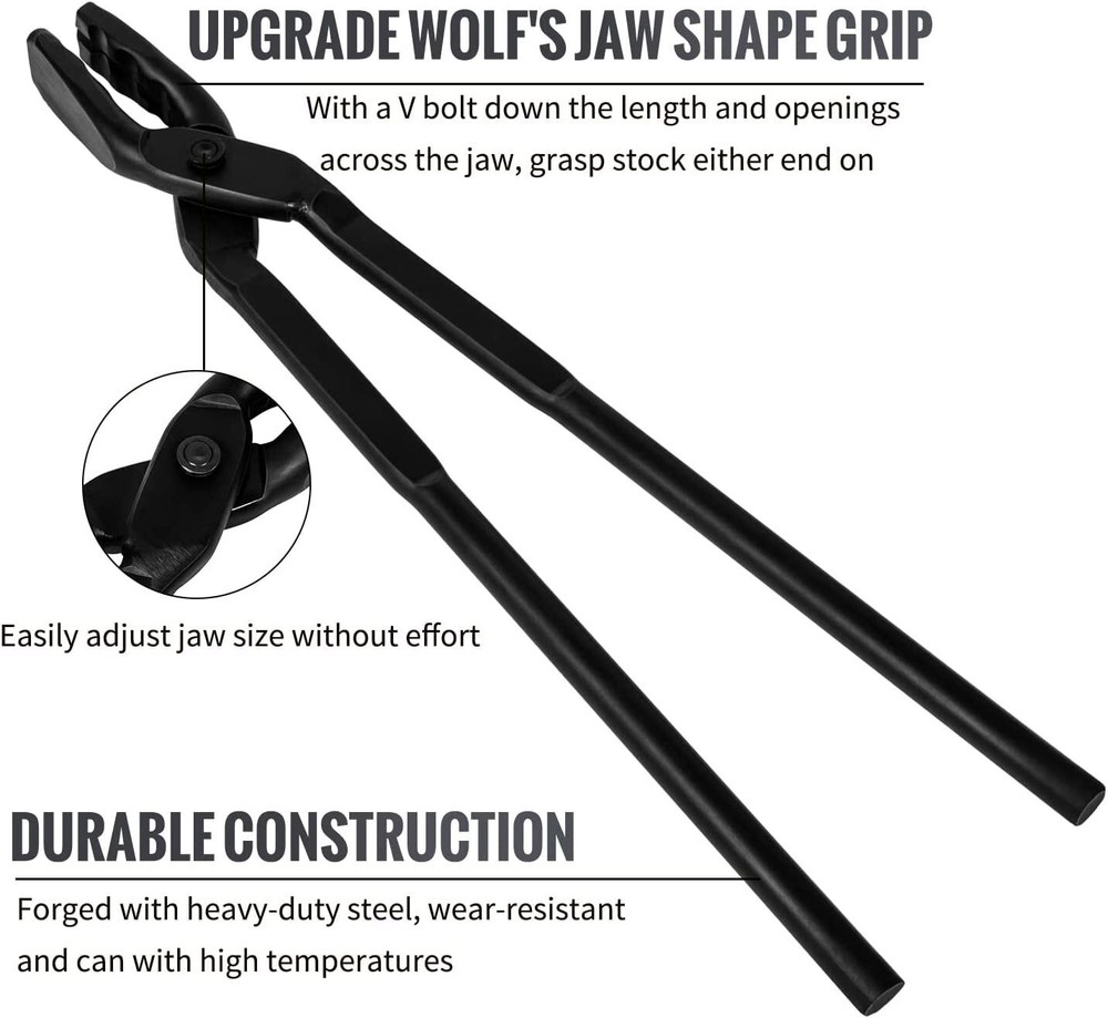 17" Blacksmith Wolf Jaw Tongs Knife Forging Tool For Beginner&Master Blacksmiths