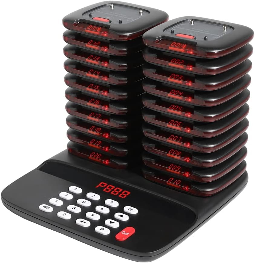 Restaurant Pager System Wireless Calling with 20 Pagers Buzzer, Vibration Flash