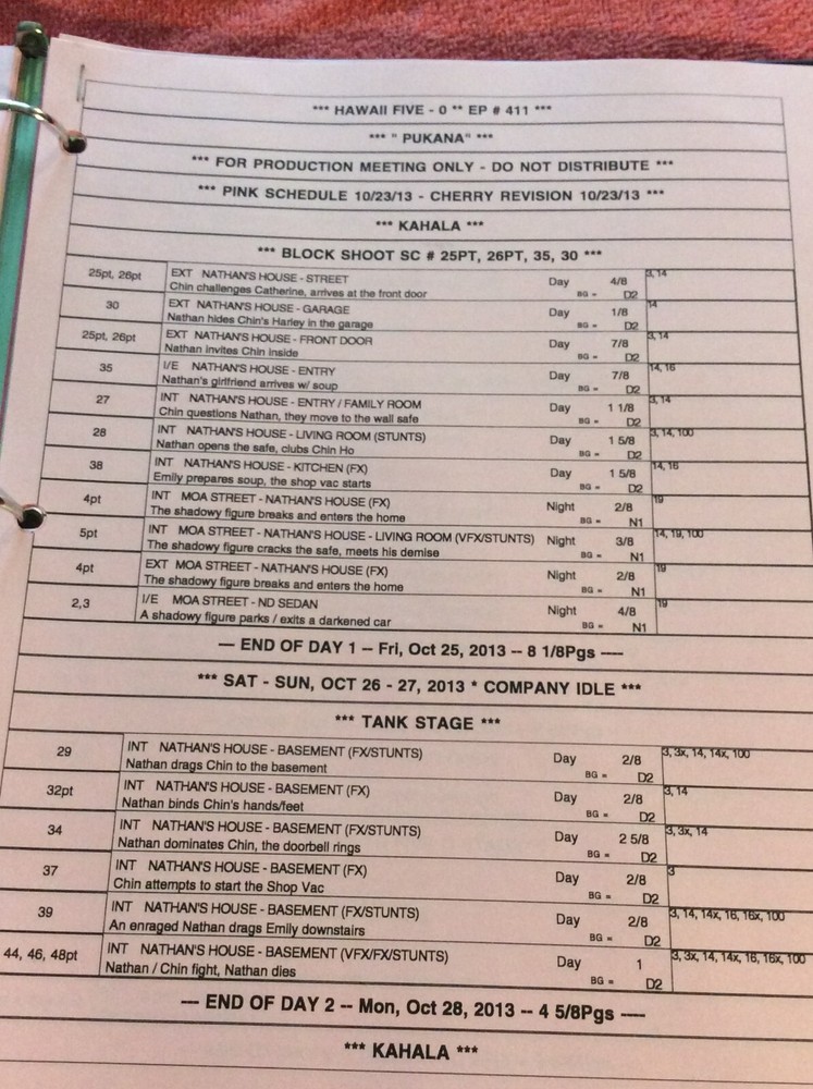 HAWAII FIVE-O ORIGINAL SCRIPT 411 SCHEDULE 2013 PUKANA DANIEL DAE KIM