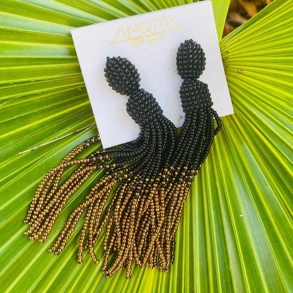 Black Gold Seed Bead Tassel Earring