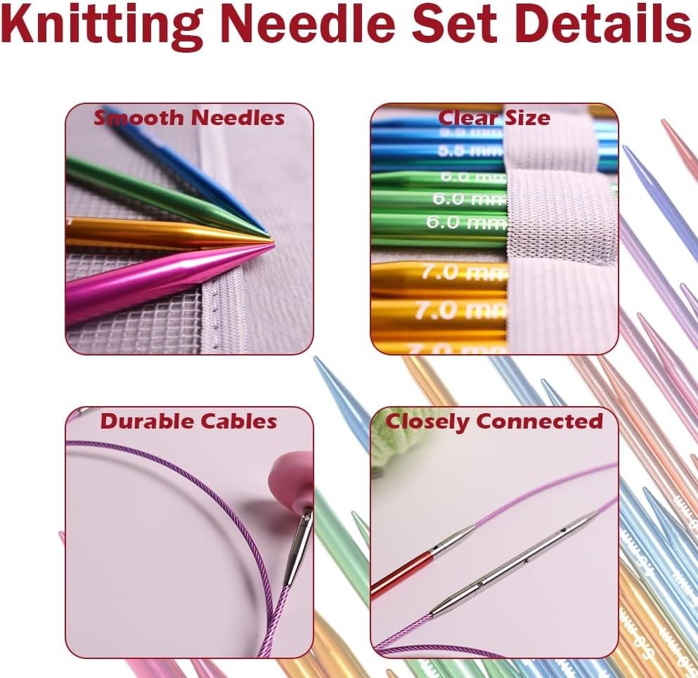 Circular Knitting Needles Set W/ Case,11 Pairs Interchangeable Aluminum Circle