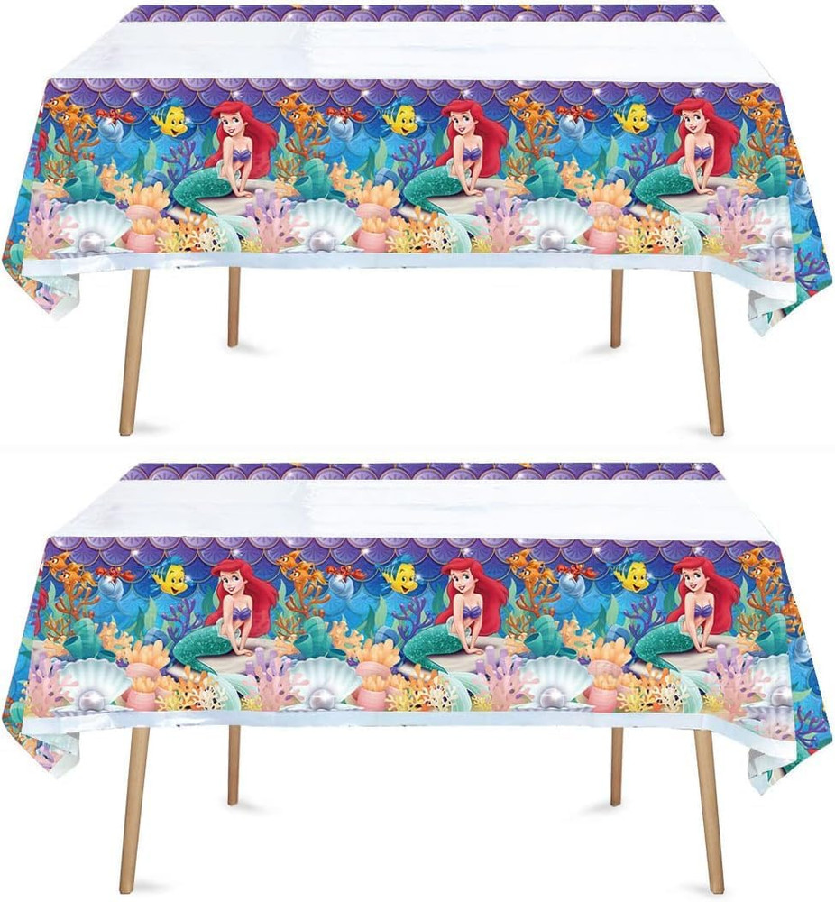 Little Mermaid Tablecloth, 2Pcs Rectangular Plastic Table Cover, 70'' X 42'', Wa