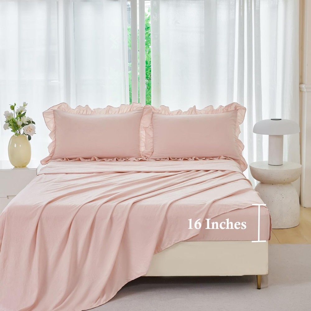 ANGIYUIN 5 Pieces Blush Pink Ruffled Comforter Sets Full(5Pcs),