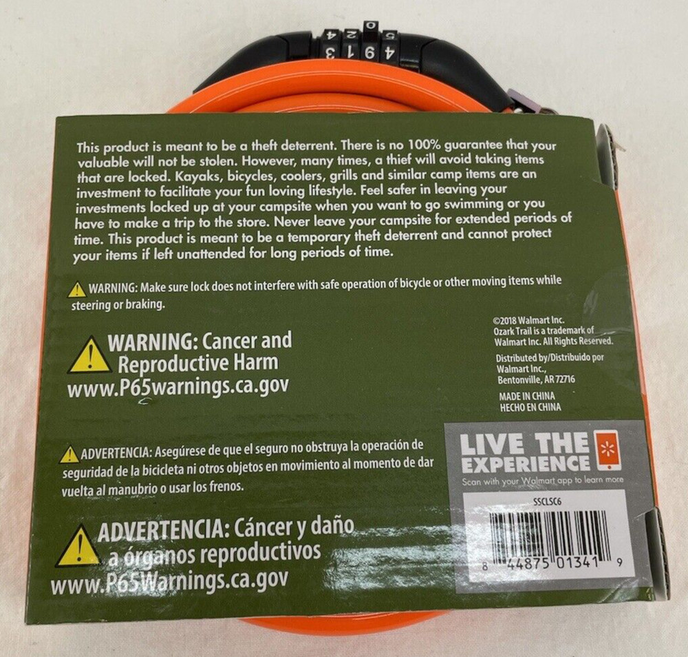 Ozark Trail 6 Foot Cable with Combination Lock for Camping, Biking, Security