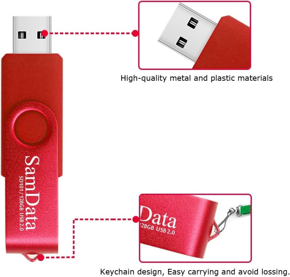 128GB USB Flash Drive - Shockproof, Plug & Play Red Thumb Drive with LED Light