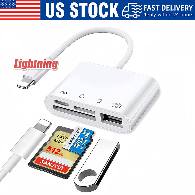For iPhone iPod iPad IOS 12 Portable 4 in 1 USB SD TF Card Reader Camera Adapter