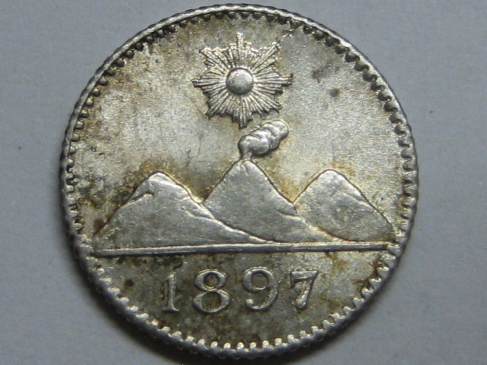 1897 GUATEMALA 1/4 REAL VOLCANO SILVER ,.