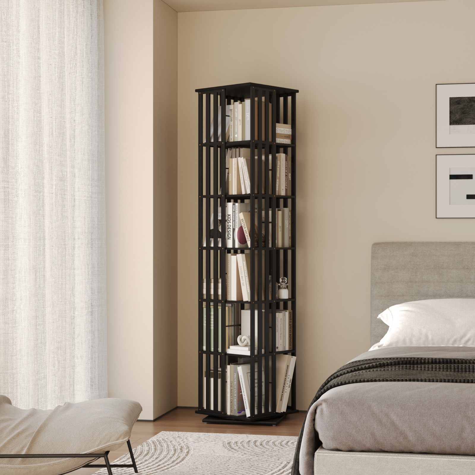 6-Tier Bamboo Rotating Bookcase Tower, 360° Swivel Bookshelf with Floor Storage