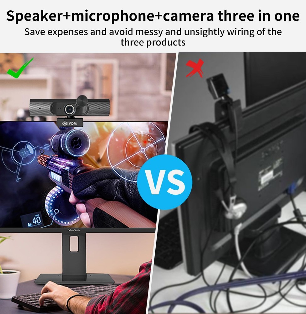 Webcam with Microphone and Speaker, 1080P Web Camera for Desktop Computer Lap...