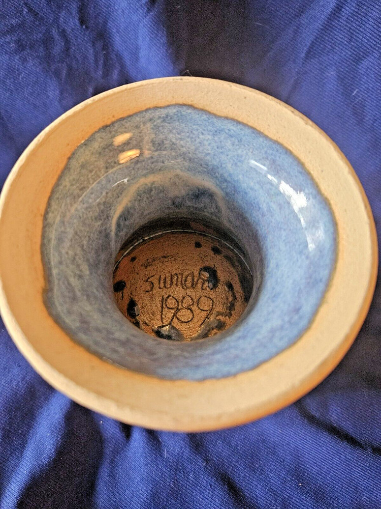 Studio Pottery Large Artisan Blue Drip Goblet Cup Vase Signed Sumar 1989