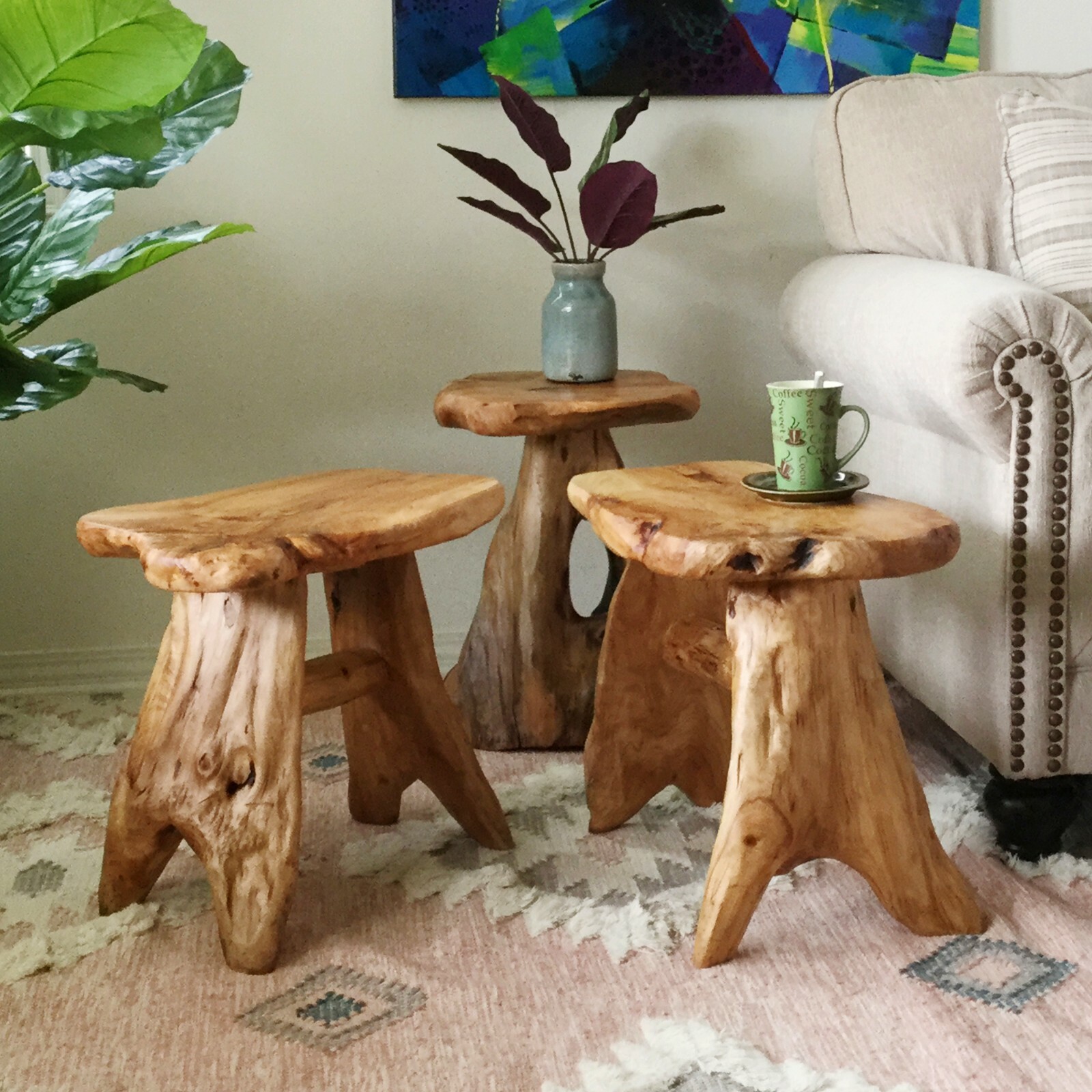 Rustic Cedar Roots Flower Stand Stool, Tree Stump Stool Side Table 19.5" H