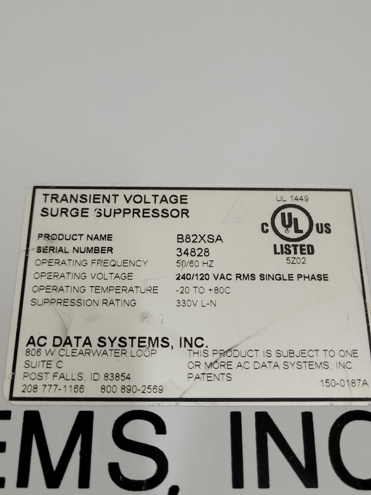 AC DATA SYSTEMS TRANSIENT VOLTAGE SURGE SUPPRESSOR 120/240 B82XSA