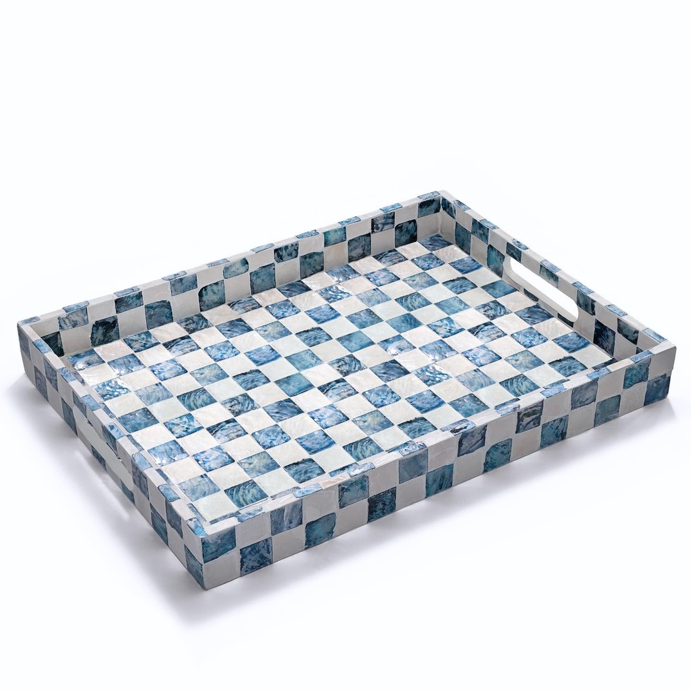 15.8" x 11.8" Decorative Rectangular Tray with Natural Capiz Shells, Checkere...