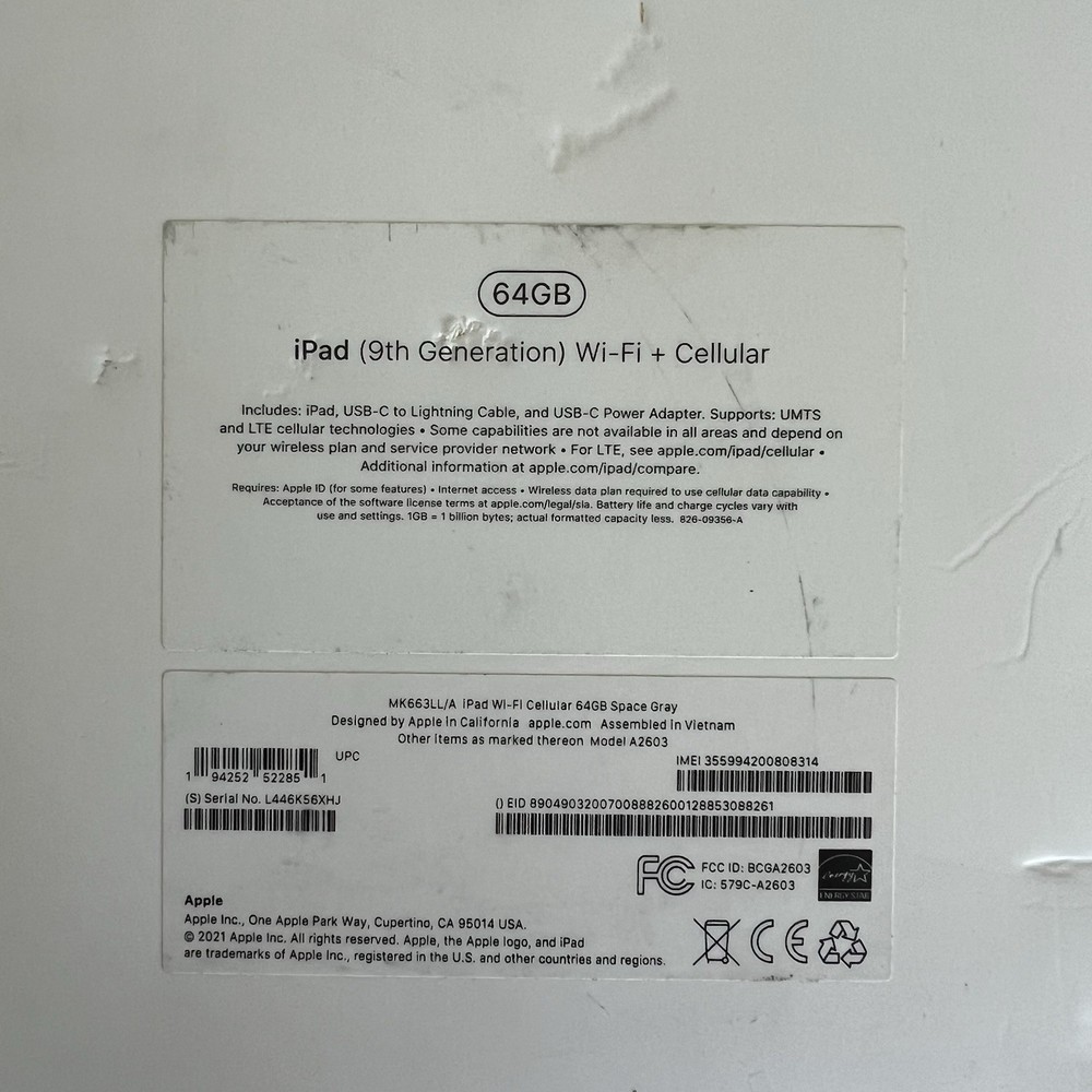 BOX ONLY IPad 10.2 9th generation 64gb wifi + Cellular
