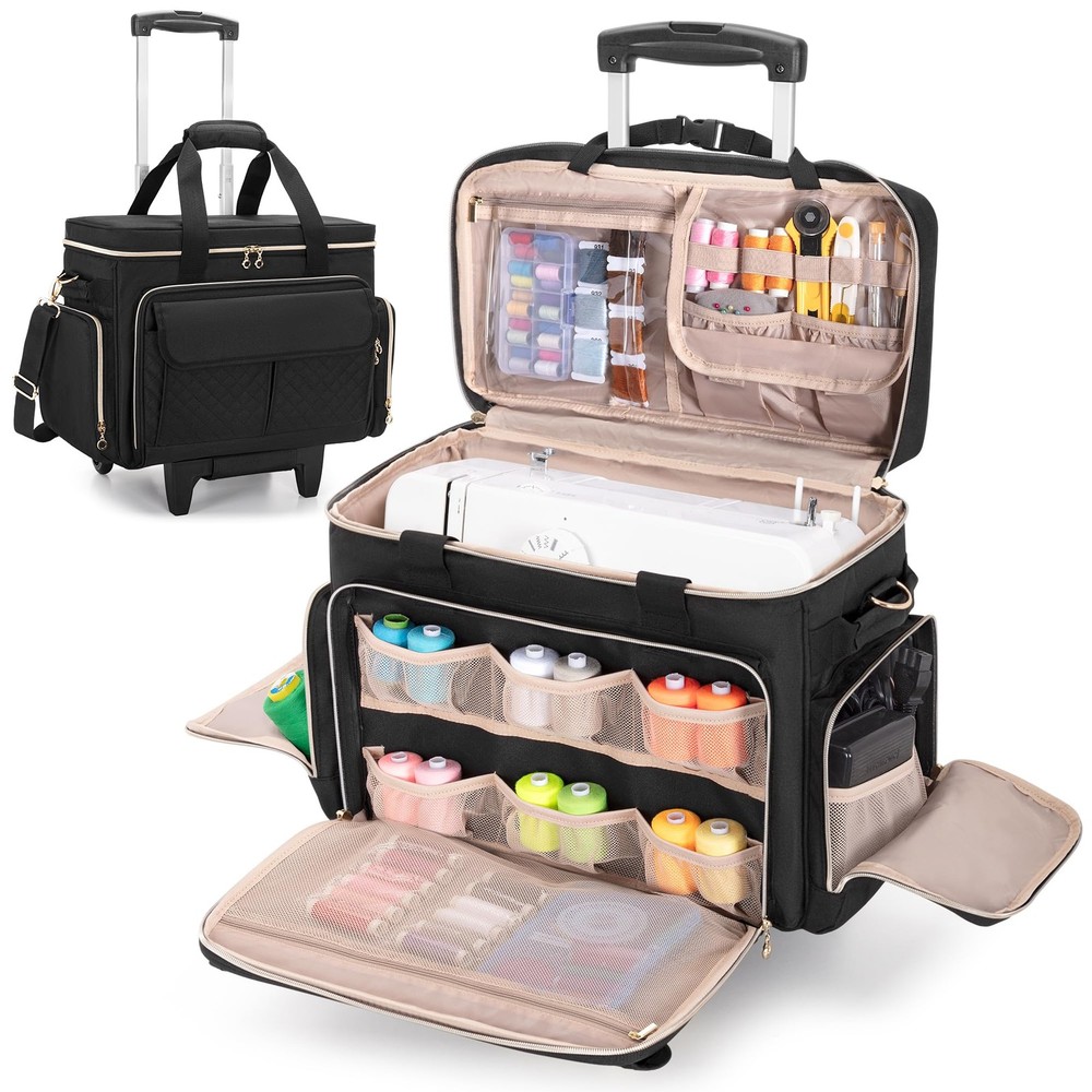 Rolling Sewing Machine Case with Multiple Pockets Bag Wheels and Strap LUXJA