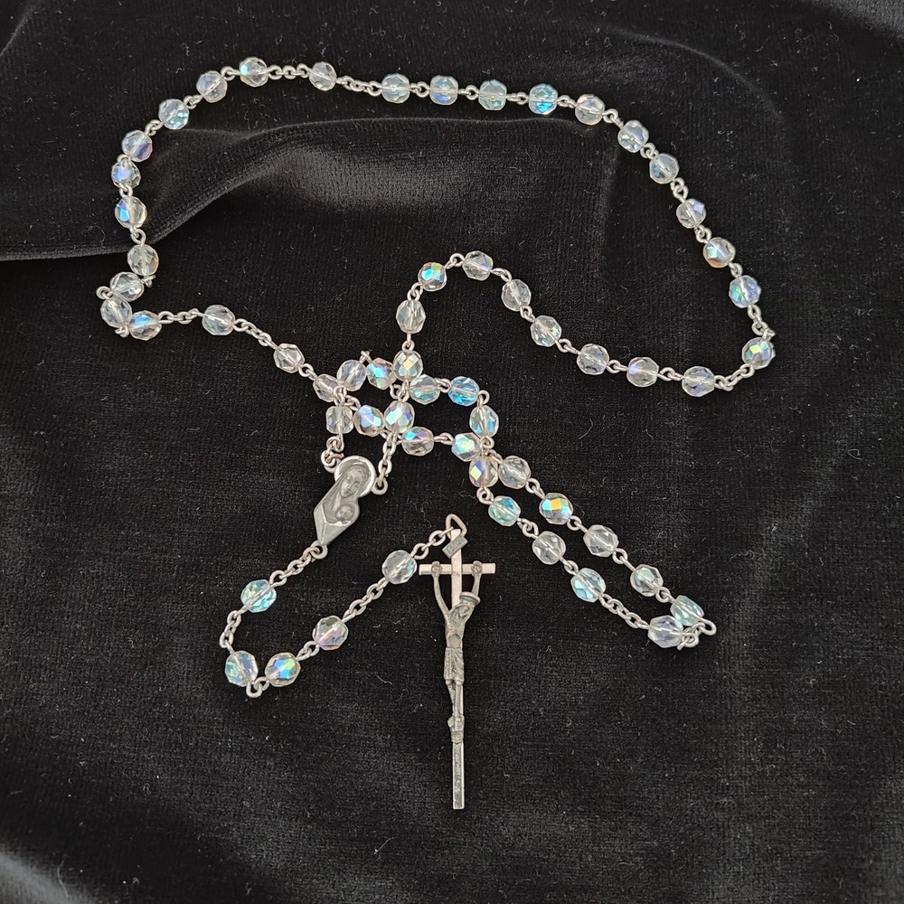 VINTAGE ROSARY,  AURORA BOREALIS CLEAR BEADS, 30", ITALY