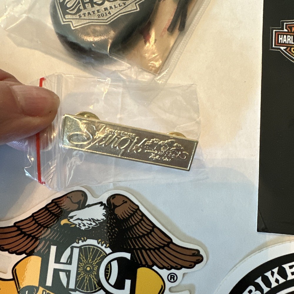 Harley Davidson decal, Sturgis patch, lapel pin and stickers