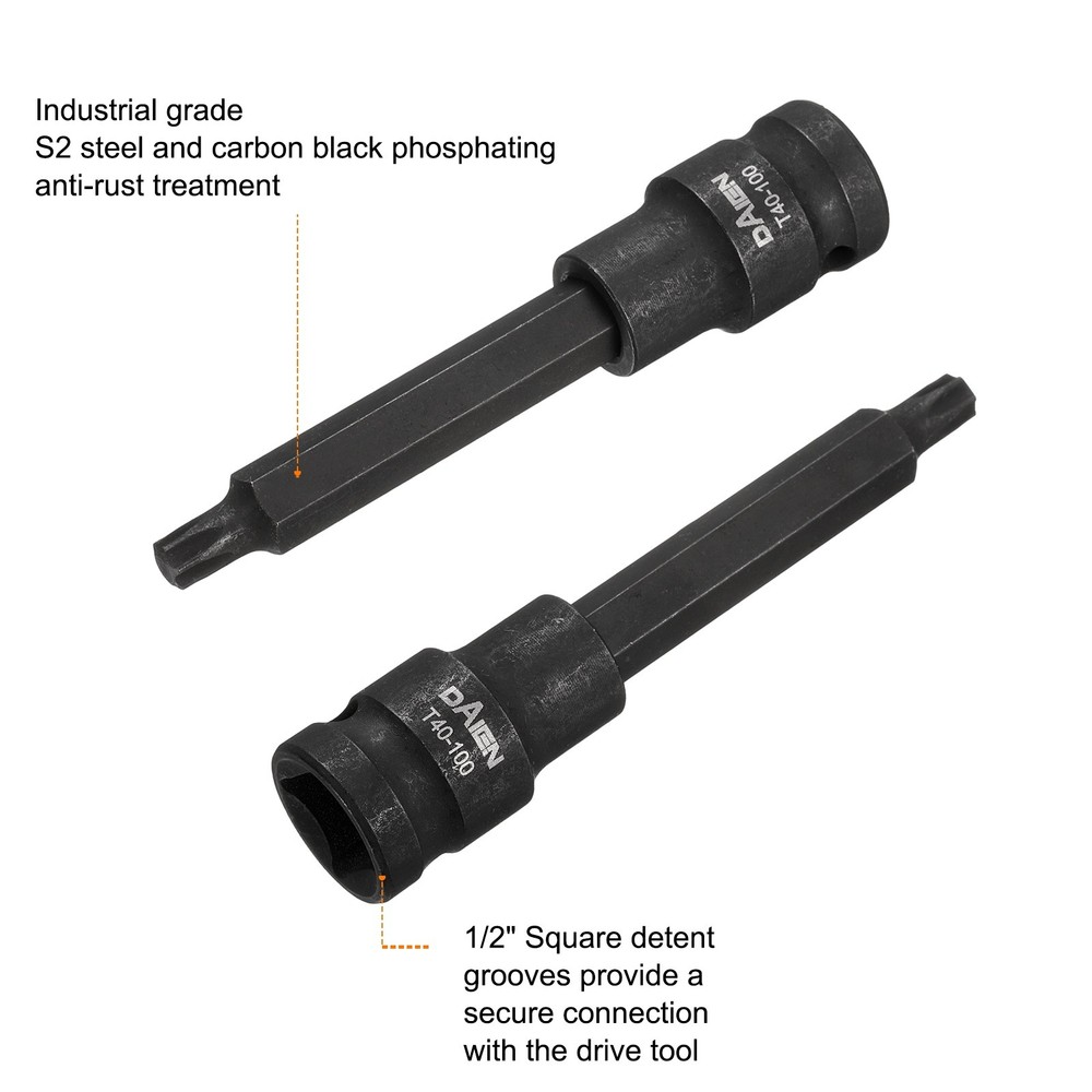 T40 Torx Bit Socket 100mm Length 1/2" Square Extension Impact Bit, Black