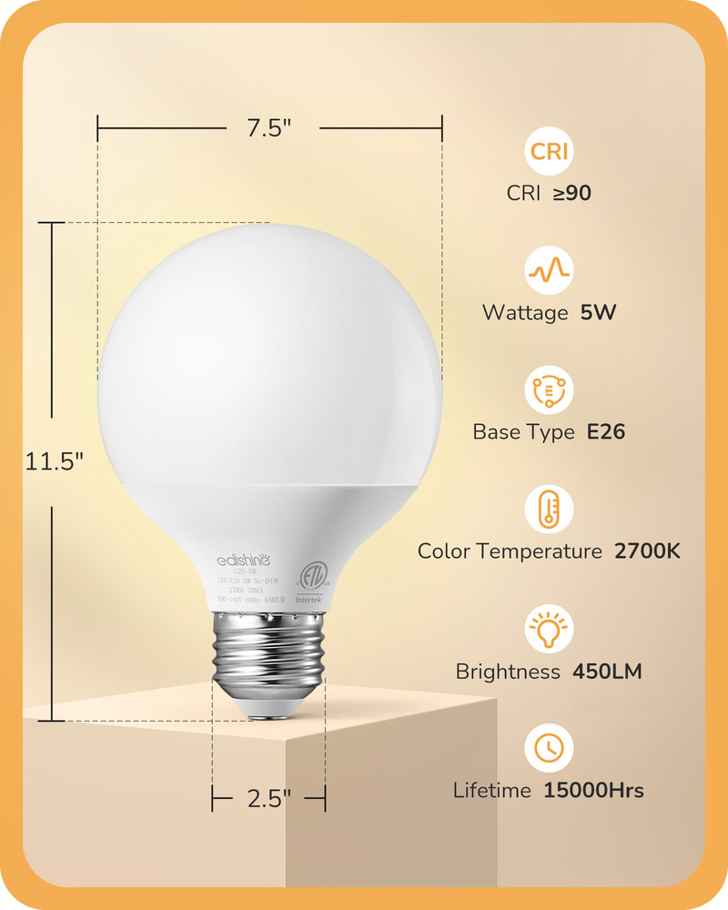 EDISHINE 8 Pack G25 LED Globe Light Bulbs Over Mirror, Makeup Round Light Bulbs