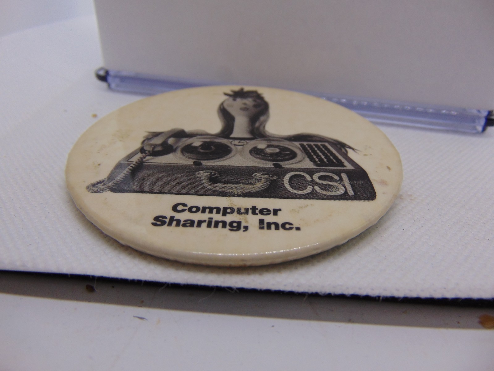 Vintage Advertising CSI Computer Sharing Inc. Pinback Button 3" History 1970's