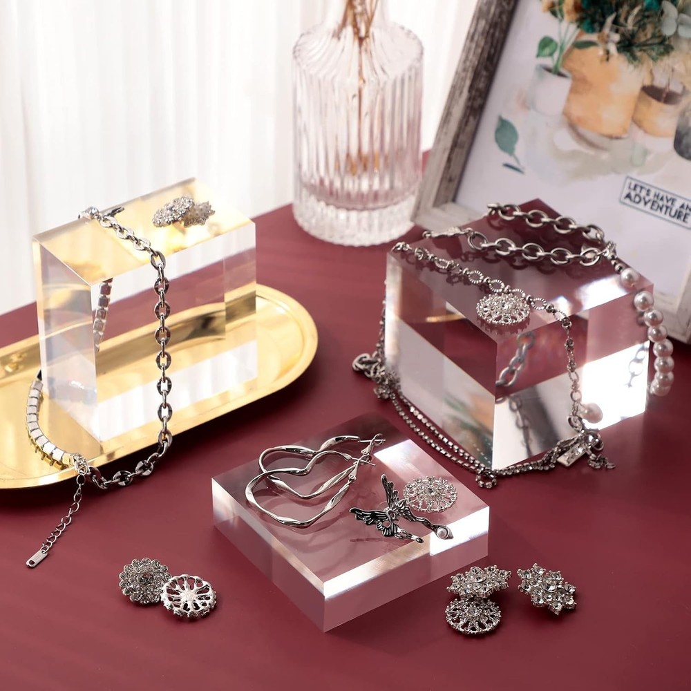 3 Pieces Acrylic Square Display Block Clear Polished Acrylic Cube Solid Display