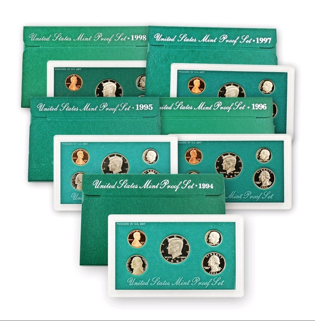 1994-1998 Proof Set Lot Green Boxes Nice Sets w/ COAs Uncirculated US Mint Coins