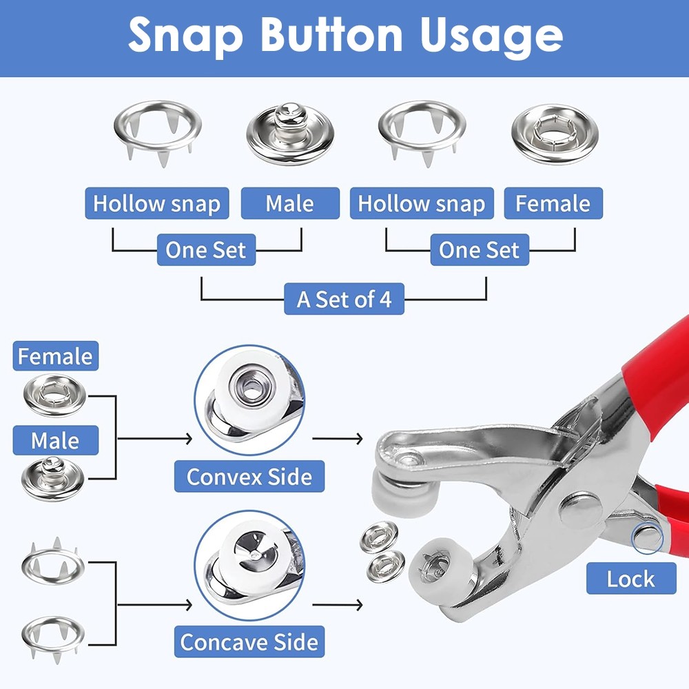 200 Sets Metal Snap Button Kit with Fastener Plier - Sturdy 5-Claw Buckle Tool