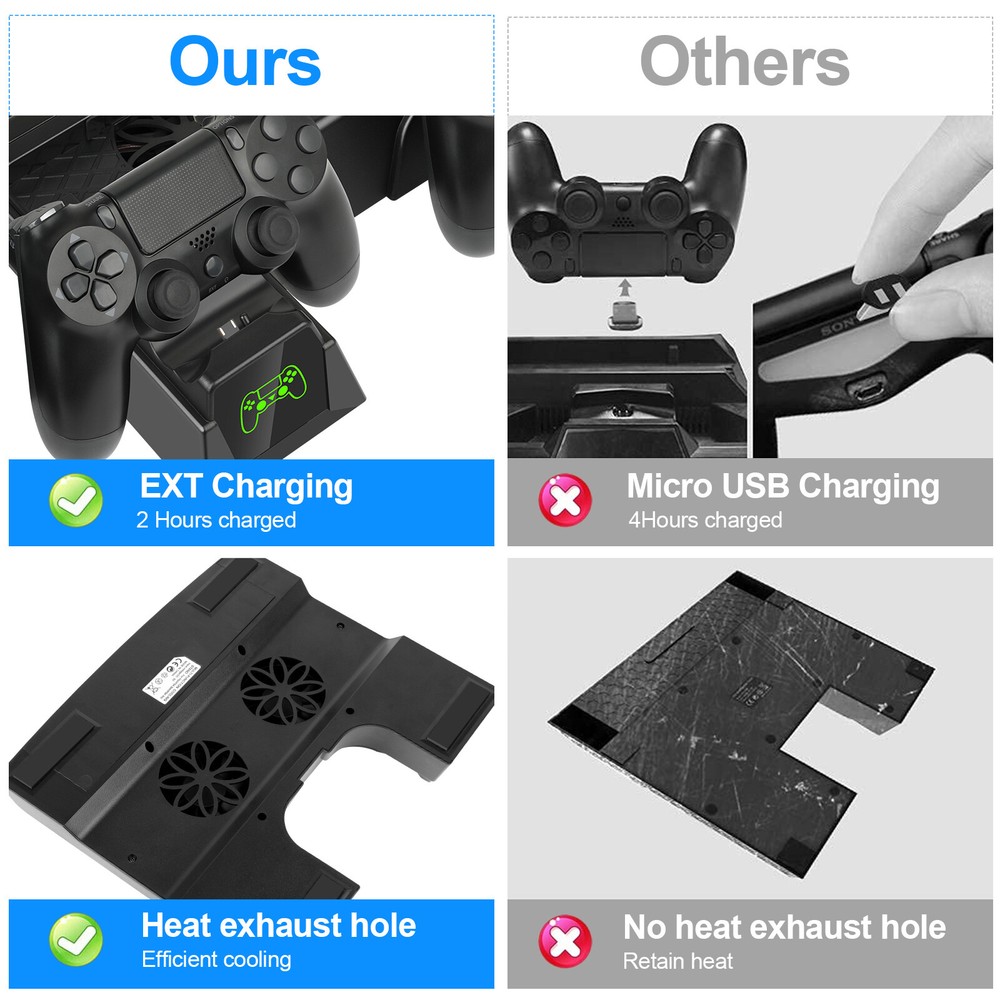 For PS4 Pro / Slim Vertical Stand + Cooling Fan Controller Charging Dock Station
