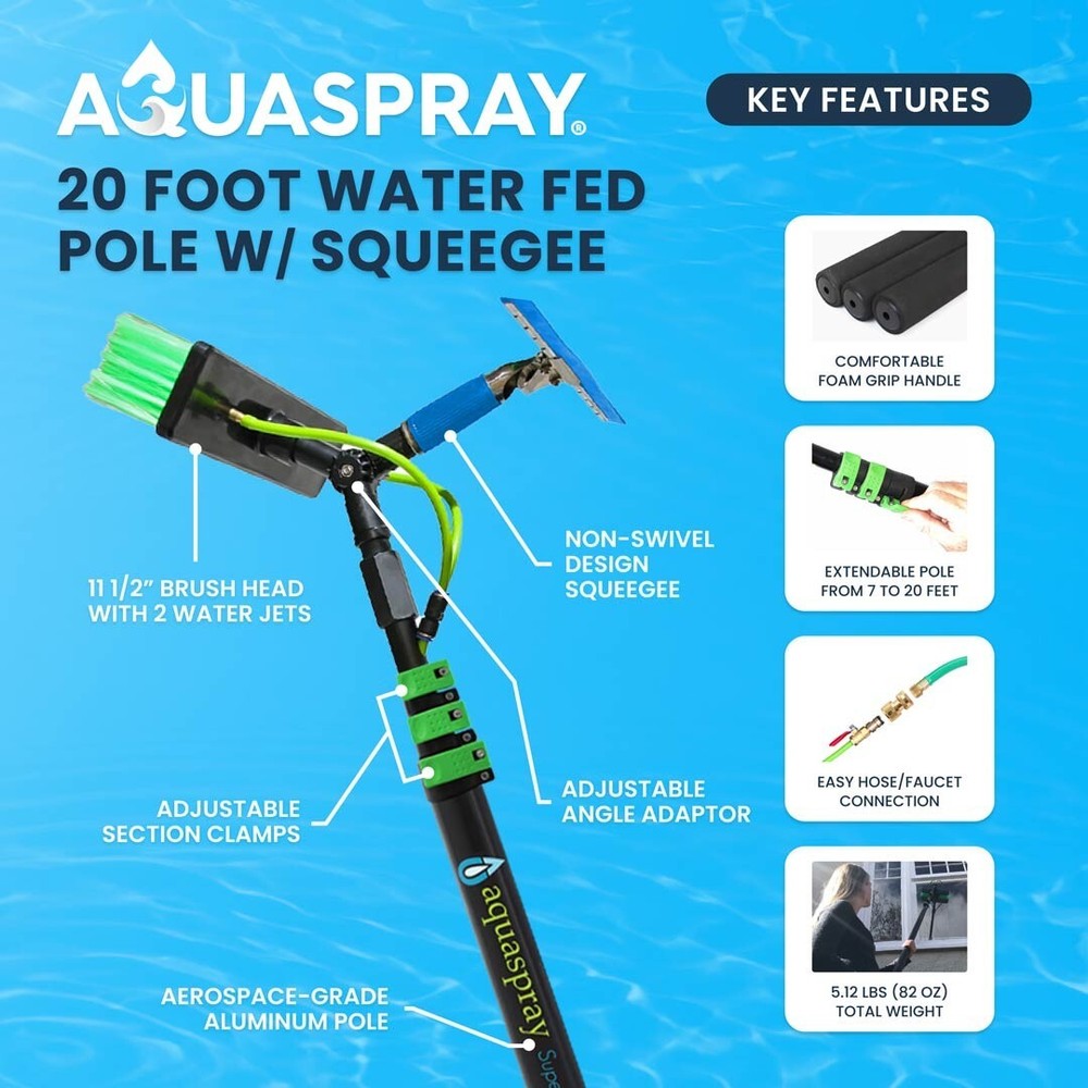 20FT Water Fed Pole Kit w/ Squeegee for Window & Solar Panel Cleaning Washer