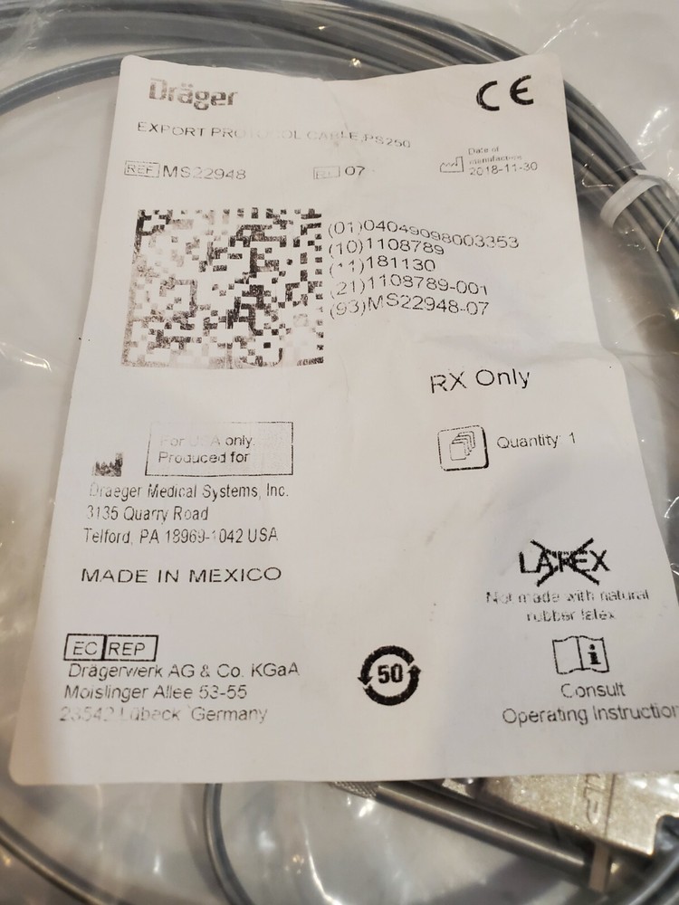 Drager ms22948 Export Protocol Cable # 186