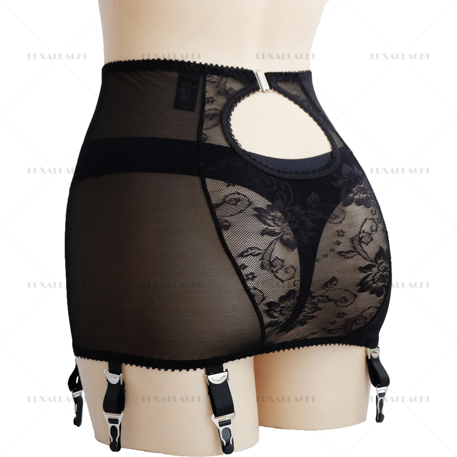 Luxallacki Mesh Floral Lace 6 Straps Garter Belt Shaping Girdle Sexy Lingerie