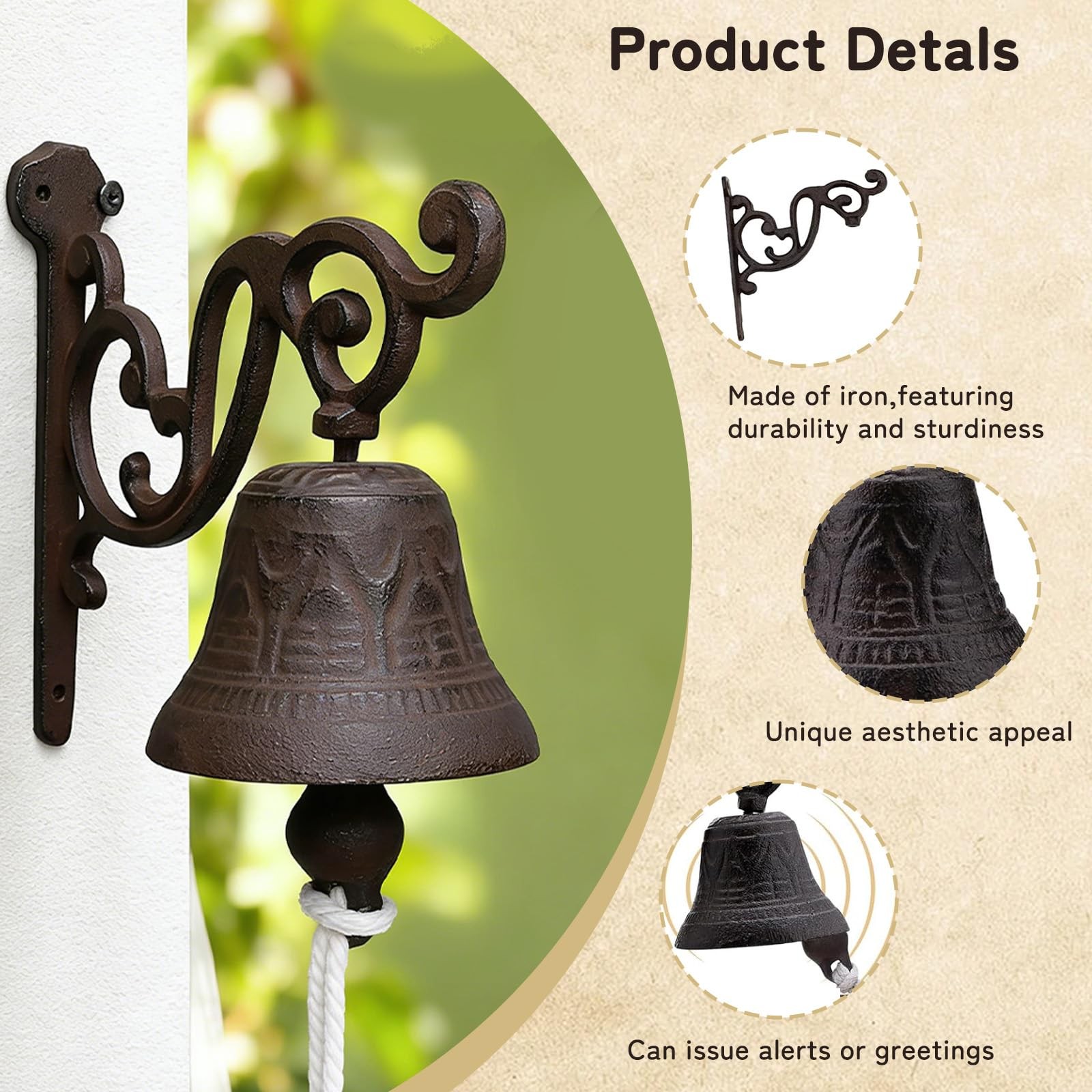 Outdoor Dinner Hanging Bell Cast Iron Duty Rustic Vintage Doorbell for Outsid...
